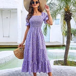 Women Casual Dress Floral High Waist Maxi Beach A Line Flowy Smocked Dress